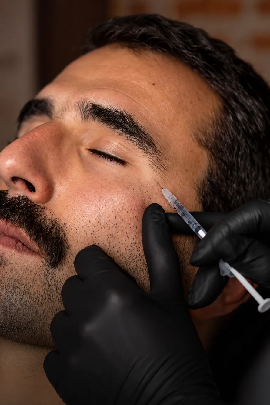 Injector giving a neurotoxin treatment to a male patient