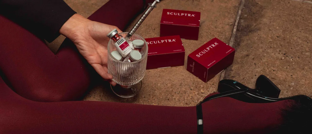 Sculptra vials and boxes being prepared on a tray