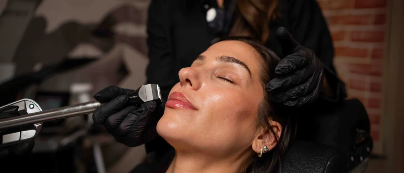 A provider treating a client’s cheek with a Forma radiofrequency handpiece