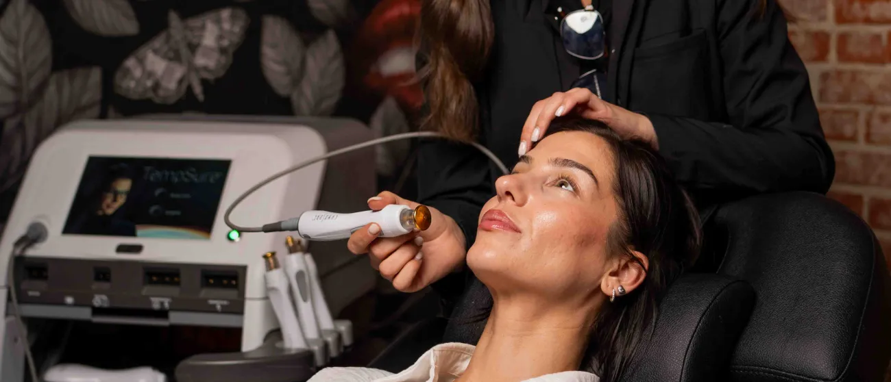 A provider using a TempSure Envi handpiece on a client’s forehead